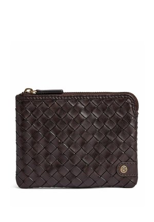 Dark brown woven leather zippered pouch with a small round metal logo tag on the bottom right corner.