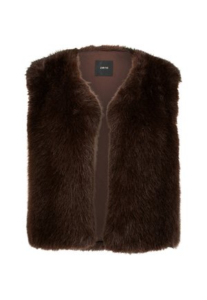 Bruine nepbont gilet zonder sluiting, met een zachte textuur en een losse pasvorm. Aan de binnenkant is er een gladde bruine voering met een merketiket.