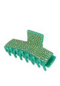 Fermaglio per capelli verde in plastica con superficie testurizzata, abbellito con piccole pietre color verde, caratterizzato da una forma rettangolare e una presa robusta.