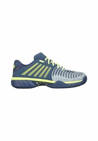 Sportliche Schuhe mit einem marineblauen Obermaterial, gelben Akzenten und einem atmungsaktiven Mesh-Design. Verfügt über eine strukturierte Gummisohle für Grip und Stabilität.