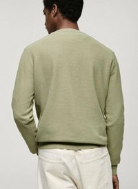 Grüner strukturierter Pullover, Rundhalsausschnitt, lange Ärmel, gerippte Bündchen und Saum, kombiniert mit hellen Hosen.