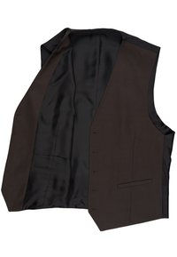 Braun Weste mit glattem Satin-Innenfutter, ausgestattet mit einer einzelnen Tasche, sechs vorderen Knöpfen und einem klaren, modernen Design.
