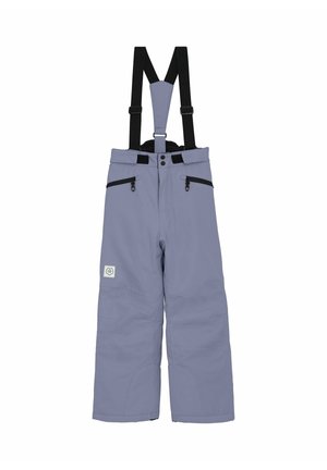 Schneehose aus hellgrauem Stoff mit schwarzen Trägern, ausgestattet mit seitlichen Reißverschlusstaschen und einem Logo-Patch auf der Vorderseite. Gerade Schnittform.