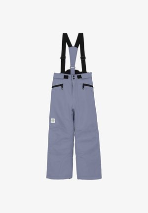 Pantaloni da neve in tessuto grigio chiaro con bretelle nere, dotati di tasche laterali con zip e una patch con logo sulla parte anteriore. Design a gamba dritta.