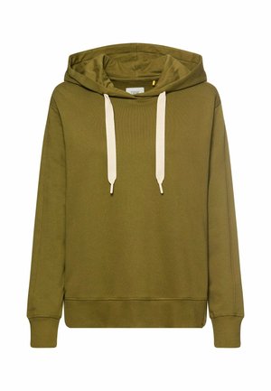 Olivgrüner Hoodie mit einer Kängurutasche vorne, cremefarbenen Kordeln, gerippten Bündchen und Saum sowie einem gemütlichen Kapuzen-Design.