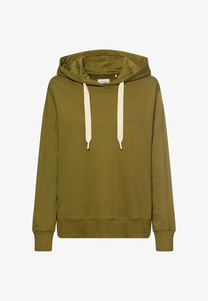 Olivgrüner Hoodie mit einer Kängurutasche vorne, cremefarbenen Kordeln, gerippten Bündchen und Saum sowie einem gemütlichen Kapuzen-Design.