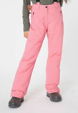 Pantaloni da neve rosa con bretelle nere regolabili, due tasche con zip e design a gamba dritta, realizzati in un materiale resistente all'acqua.