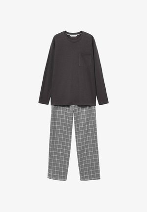 Donkergrijze lange mouw shirt met borstzak gecombineerd met grijs geruite wijde broek op een witte achtergrond.