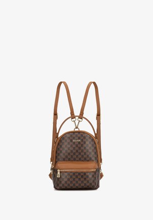 Zaino piccolo marrone e marrone scuro con motivo, dotato di cerniere dorate, tasca frontale e spallacci regolabili.