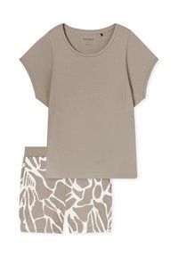 Organic cotton loungewear set in light beige, featuring a short-sleeve top and patterned shorts with a white and beige abstract design.
