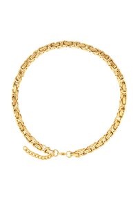 Goldkette mit ineinandergreifenden rechteckigen Gliedern in glatter Ausführung. Verstellbarer Verschluss mit einer Verlängerungskette für die Größe.