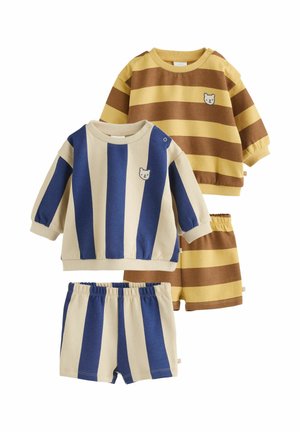 Two sets of toddler clothes, each with long-sleeve tops and shorts; one set has yellow and brown stripes, the other blue and beige stripes with small bear patches.