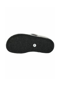Suela de pantufla gris con un fondo de goma negra, que presenta una etiqueta circular con el número "36" para indicar la talla.