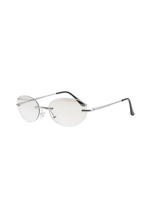 Occhiali da sole con montatura in metallo argentato, forma ovale, lenti trasparenti e punte delle astine in plastica nera. Include i puntali per il naso e un design minimalista.