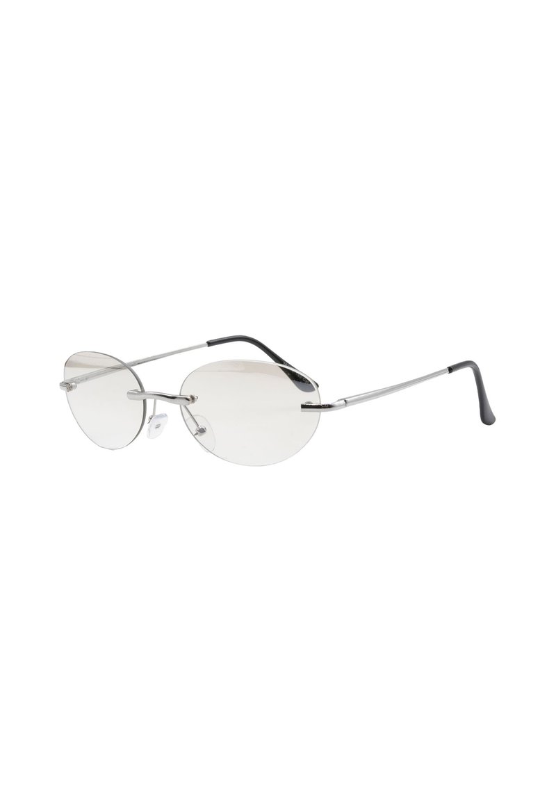 Occhiali da sole con montatura in metallo argentato, forma ovale, lenti trasparenti e punte delle astine in plastica nera. Include i puntali per il naso e un design minimalista.