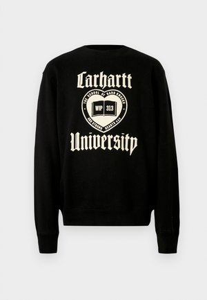 Černá mikina s bílým nápisem "Carhartt University" a designem emblému s otevřenou knihou, což naznačuje ležérní styl.