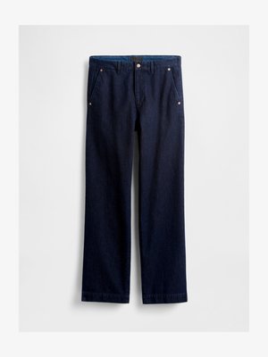 Pantalon en denim bleu marine à coupe droite, avec deux poches avant, des accents en métal et une finition lisse.
