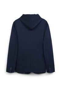 Giacca con cappuccio di colore navy, dalla superficie liscia, maniche lunghe e una linea elegante, con polsini abbottonati e schiena priva di decorazioni.