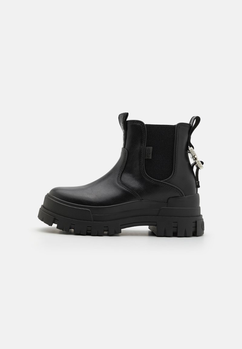 Botine negre până la gleznă, cu un design elegant, superior din piele texturată, panouri laterale elastice și o talpă din cauciuc masiv cu un model de profil.