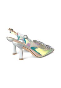 Sandalias de tacón transparentes con acabado iridiscente, adornadas con una correa de strass y un diseño de punta afilada; presentan un exclusivo tacón ancho.