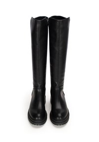 Zwart lederen laarzen tot de knie met een gladde textuur, ronde neus en chunky rubberen zool. Voorzien van een zijrits voor gemakkelijke instap.