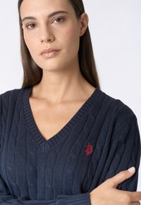 Maglione lavorato a maglia blu navy con scollatura a V profonda, motivo a trecce e un piccolo logo ricamato rosso sul petto sinistro.