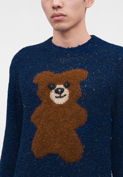 Homme portant un pull bleu marine avec un motif texturé d'ours en peluche marron sur le devant, sur un fond clair uni.
