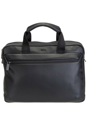 Black leather briefcase with two handles, front zippered pocket, and embossed brand name Boss on smooth surface.