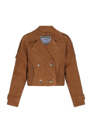 Giacca cropped in suede marrone con design doppiopetto, ampi revers, due tasche frontali e polsini con bottoni. Interno foderato visibile.
