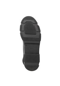 Zwarte rubberen schoenzool met een dik profiel en gestructureerde accenten. Bevat een verstevigde hak en een centraal steungebied voor duurzaamheid.