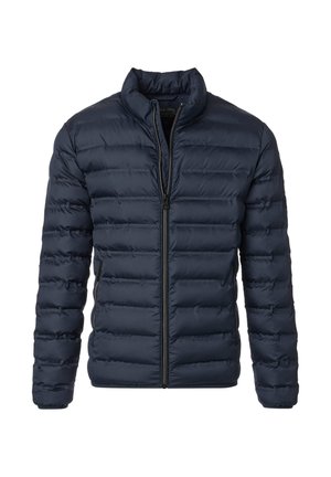 Marineblauwe gewatteerde donsjas met een opstaande kraag en ritssluiting aan de voorkant, lange mouwen en ritssluiting-zakke aan de zijkanten.