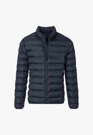 Granatowa pikowana kurtka puchowa z stojącym kołnierzem i zamkiem błyskawicznym z przodu, długimi rękawami oraz zasuwanymi bocznymi kieszeniami.