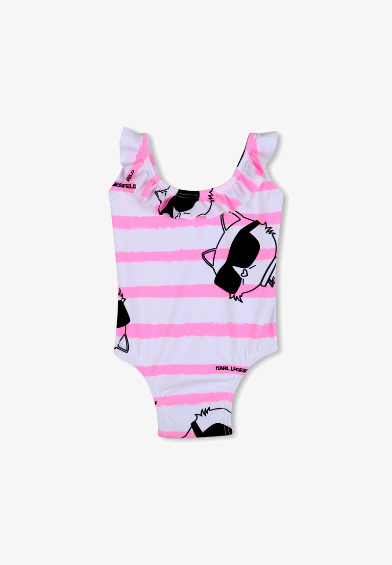 Maillot de bain pour tout-petit rayé rose et blanc, avec bretelles à volants et imprimé de visages de chats noirs portant des lunettes de soleil sur le tissu.