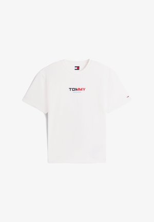 Valge lühikeste varrukatega T-särk, millel on rinnal musta, punase ja sinisega "TOMMY JEANS" logo ning vasakul varrukal väike lipu logo.
