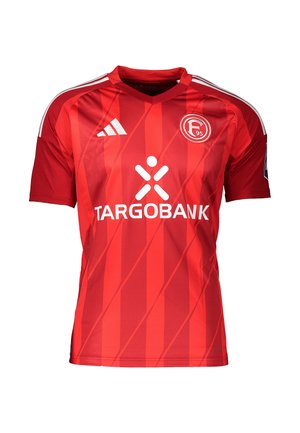 Rode voetbalshirt van ademend materiaal, met schuine strepen, korte mouwen, een V-hals en logo's van TARGOBANK en het team.