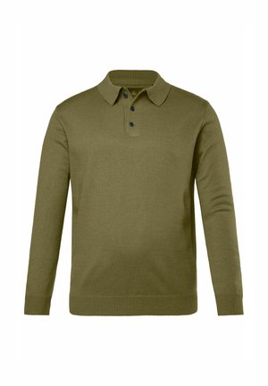 Olivově zelený polo tričko s dlouhým rukávem, s ribovanou strukturou, tříknoflíkovou légou a standartním límečkem. Ribované manžety a lem.