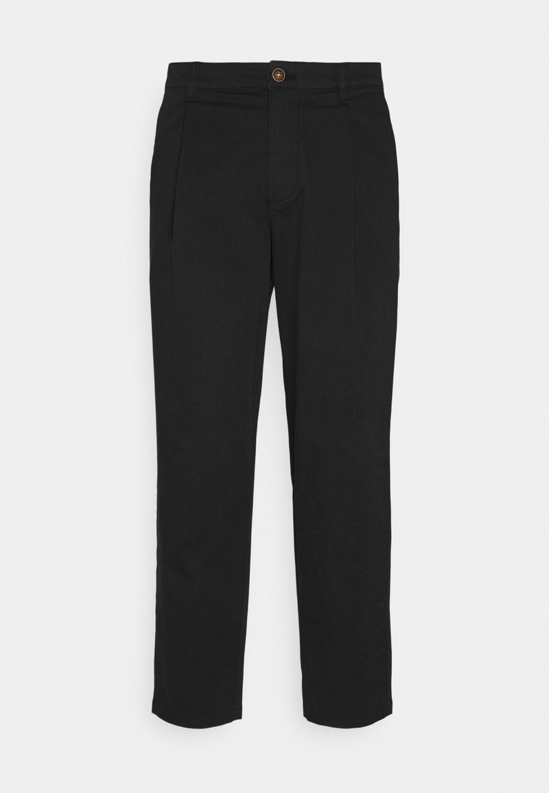 Pantaloni neri in tessuto morbido, con zip e chiusura a bottone, dotati di pieghe laterali e gamba dritta.