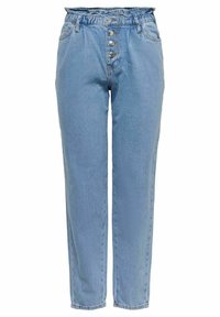 Light blue denim high-waisted pants with a gathered waistband, five-button closure, and straight legs. Features minimal stitching and no embellishments.