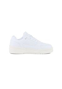 White sneakers featuring a leather exterior, textured accents, lace-up design, and a thick rubber sole with a slight platform.