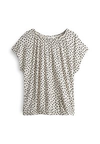 Korte mouw blouse van lichtbeige stof met zwarte stippen, met een geraffineerde halslijn en elastische zoom voor een relaxte pasvorm.