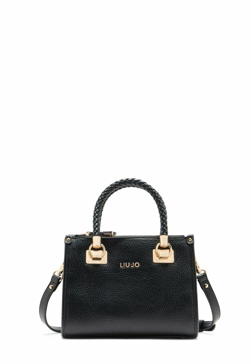 Sac à main en cuir noir texturé avec quincaillerie dorée, anse supérieure tressée, bandoulière réglable et détail logo à l'avant.