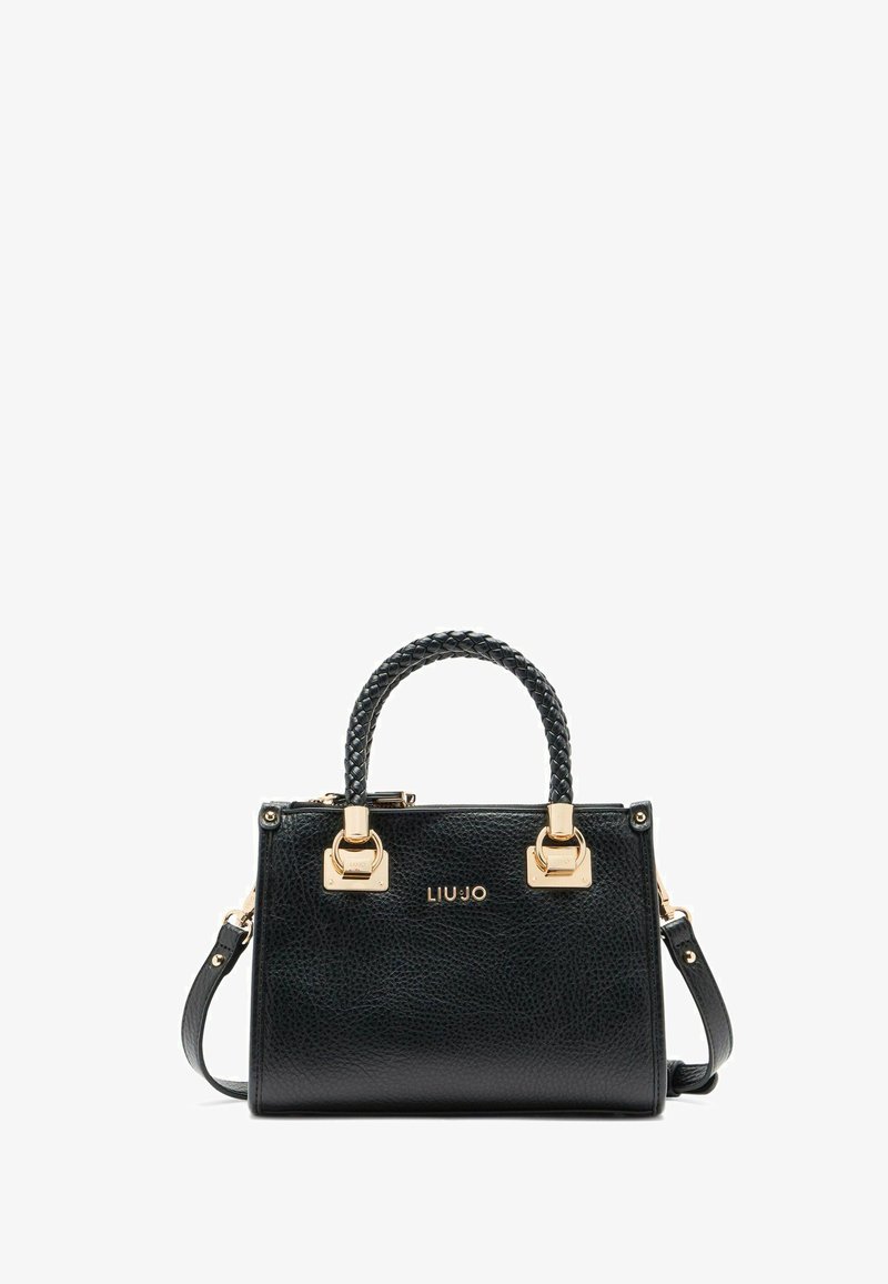 Geantă de mână din piele texturată neagră cu accesorii aurii, mânere împletite în partea superioară, curea de umăr ajustabilă și detaliu cu logo pe partea din față.