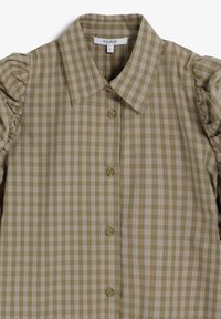 Lysebrun og beige ternet knap-up skjorte med puffede korte ærmer og bred krave, mærket Scalpers størrelse small.