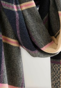 Wool scarf featuring a plaid pattern in dark navy, pink, and beige hues. Soft texture with a subtle checkered detail on one edge.