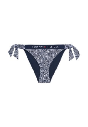 Marineblaue Bikinihose mit Paisleymuster, ausgestattet mit seitlichen Bindebändern und einem kontrastierenden Bund mit "TOMMY HILFIGER"-Logo.