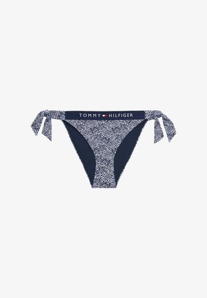 Tamnoplavi bikini donji dio s uzorkom paisley, s vezicama sa strane i kontrastnim pojasom s logotipom "TOMMY HILFIGER".