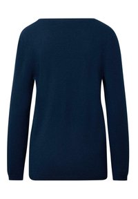 Dunkelblauer Strickpullover mit langen Ärmeln und einem weit geschnittenen Ausschnitt, der eine glatte Textur und ein schlichtes Design aufweist.