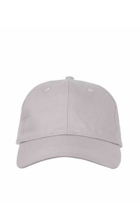 Hellgraue Baumwoll-Baseballmütze mit gebogenem Schirm, sechs Teilungsnähten und gestickten Belüftungslöchern. Schlichtes Design und glatte Textur.