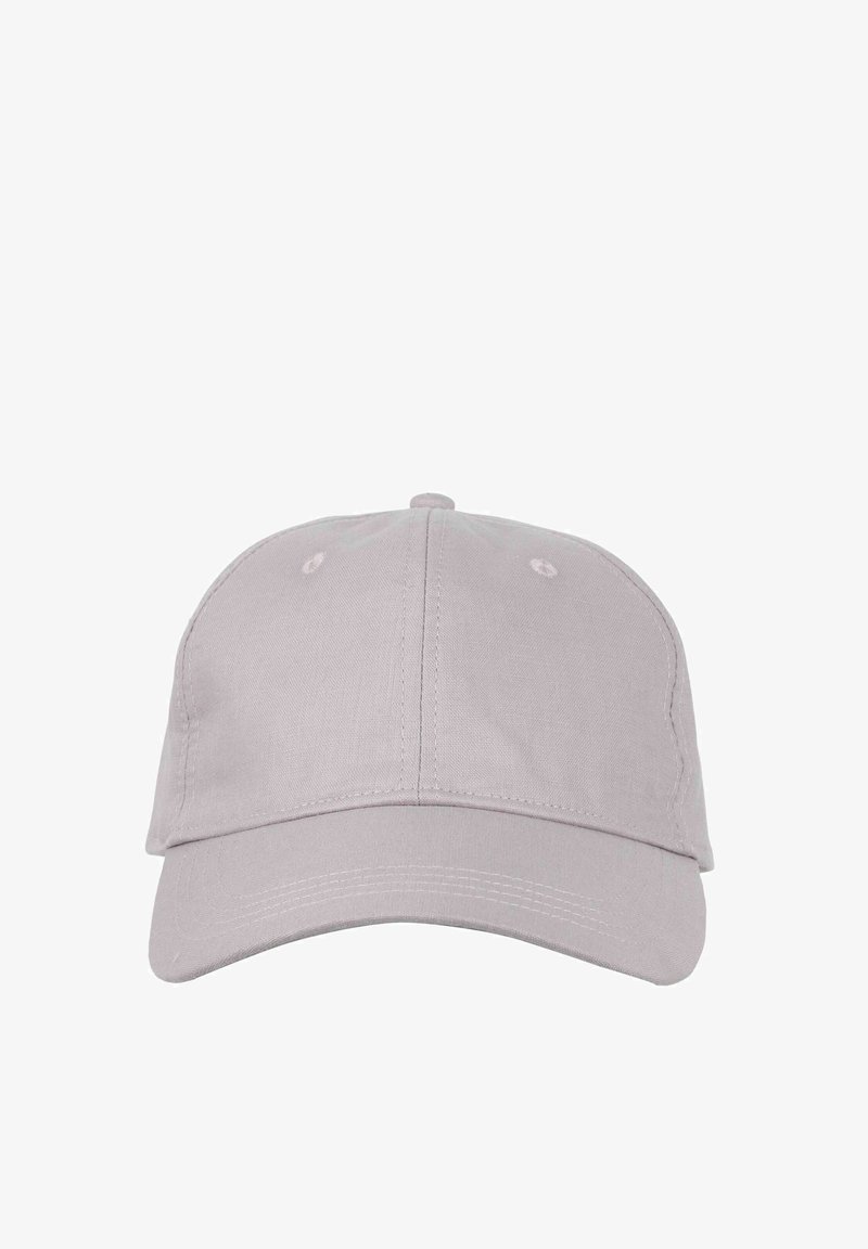 Light grey cotton baseball cap with a curved brim, six-panel structure, and embroidered ventilation holes. Simple design and smooth texture.