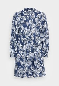 Robe bleu marine avec un imprimé de feuilles de palmier blanches, fermeture à boutons sur le devant, col et taille élastique. Manches longues avec poignets froncés.